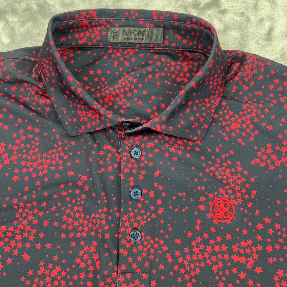 G/FORE Mens Large Performance Golf Polo Shirt Blue Red Star Twin Creeks Logo